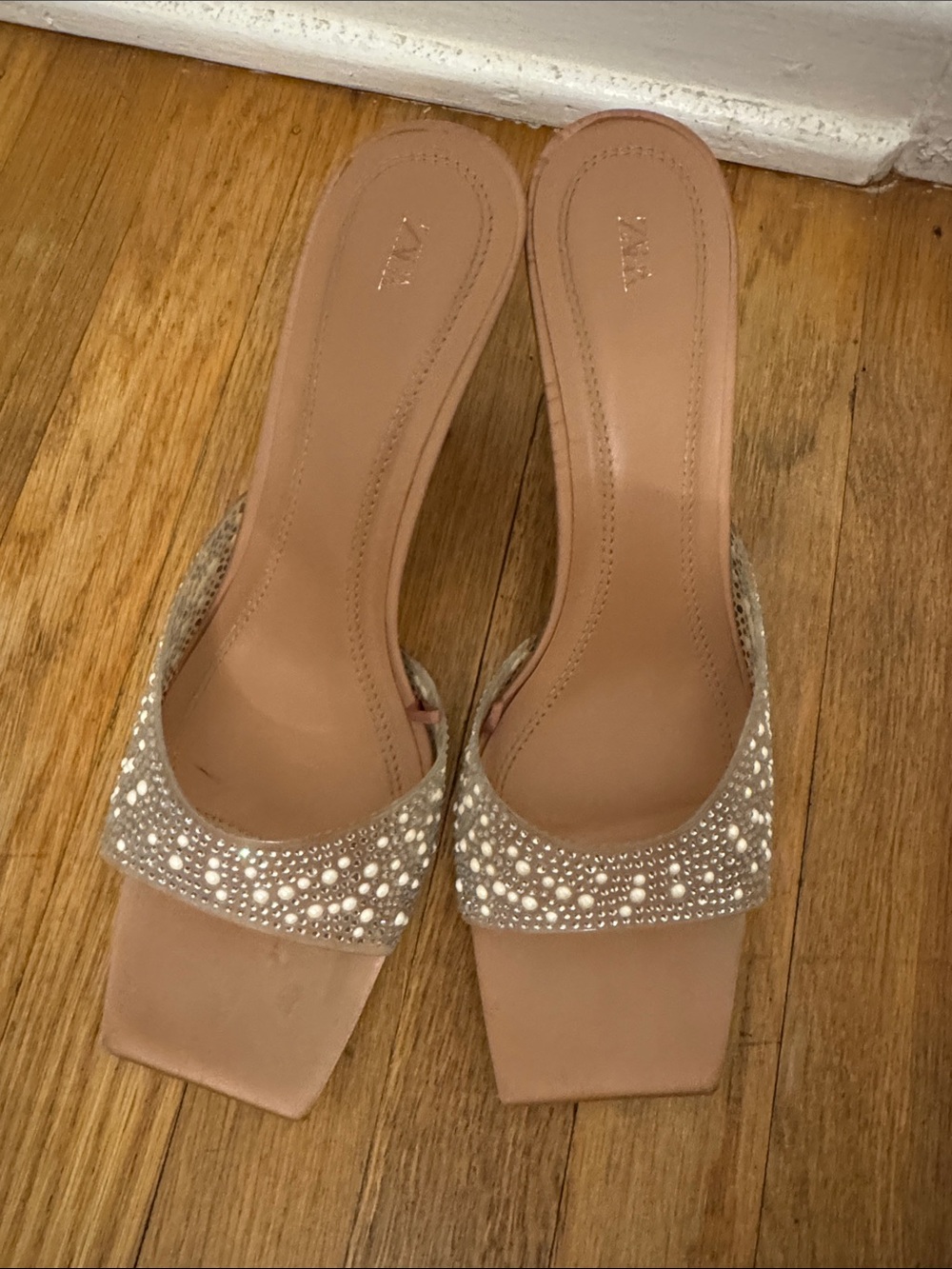 Zara Nude Pearl & Crystal Embellished Slide Mules